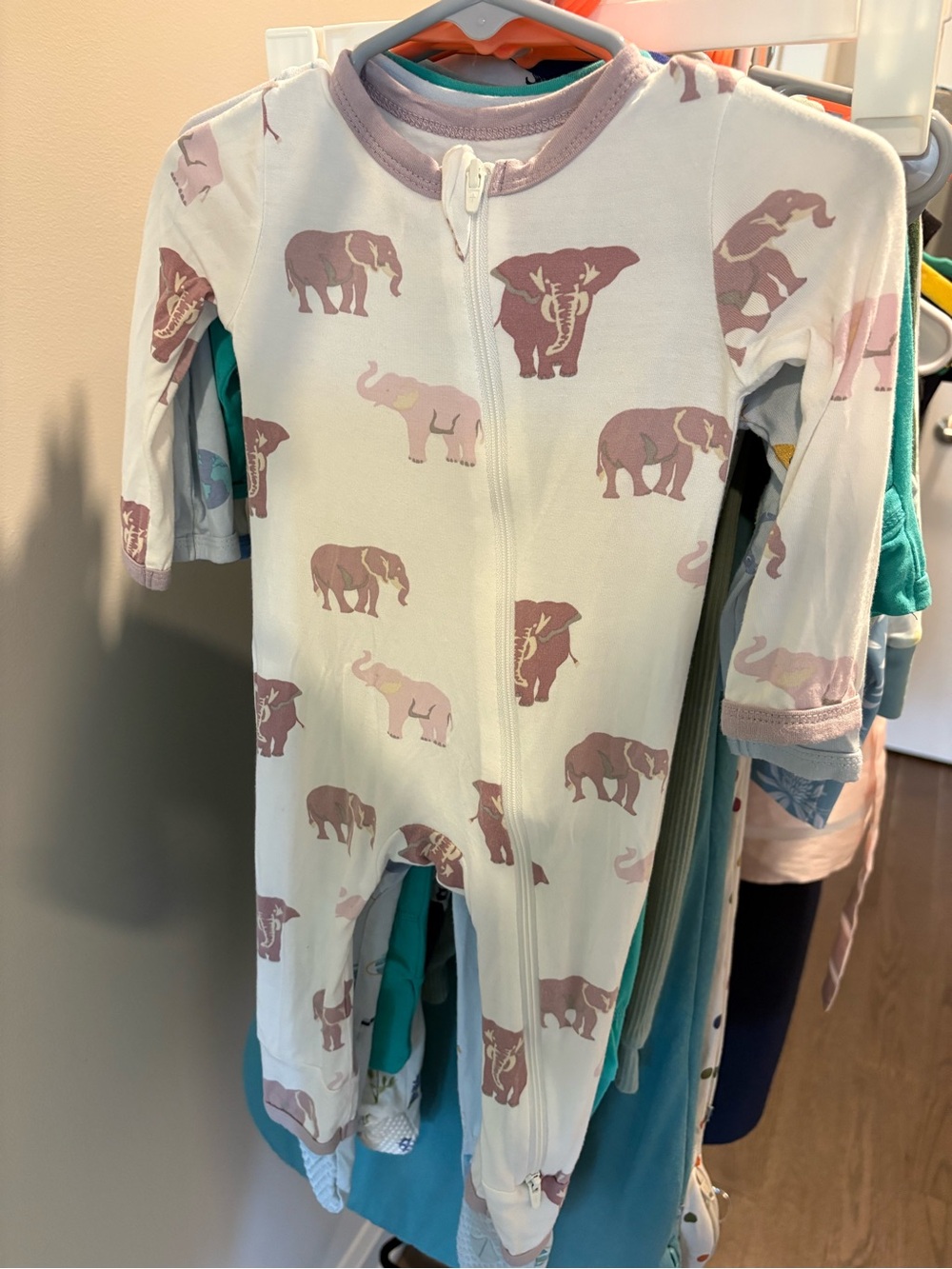 Kyte Baby Zip Footless Romper with Light Purple Elephant Print